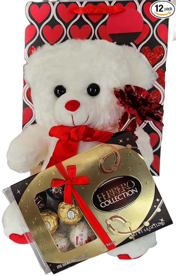 Ferrero Rocher Valentine's Day Gift Bundle -Assorted Chocolate Teddy Bear Share The Love Holographic Rose Valentines Day Themed Gift Bag (12 Piece Ferrero Collection Confections)