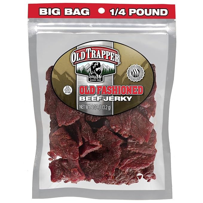 Old Trapper Beef Jerky Old-Fashioned 1/4-Pound Individual Package Tender Meat Snacks for Lunches or Between Meals 11 Grams of Protein Zero Grams of Fat 70 Calories per Serving (Pack of 8)