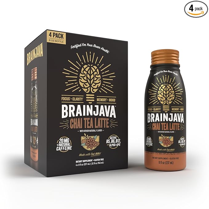 BrainJava Oat Milk Chai Tea Latte Ready to Drink Beverage With L-Theanine Vitamin C Vitamin B and Potassium for Daily Balance and Wellness Naturally Caffeine Free Black Tea With Spices 8 Fl Oz