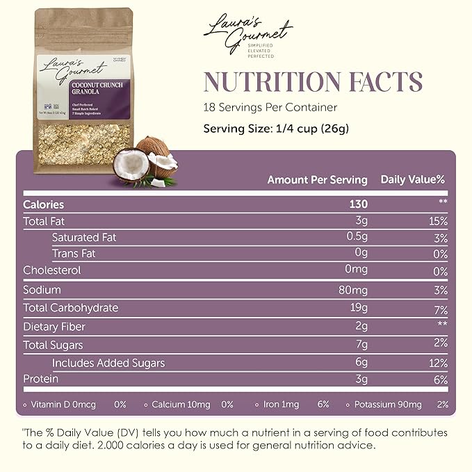 Laura's Gourmet Granola - Coconut Crunch - Gluten Soy &amp Dairy Free - Organic Agave Crunchy Coconut Chip Organic Oil Vegan Chef's Trifecta of Taste Texture &amp Mouthfeel - 16 OZ - 2 Pack