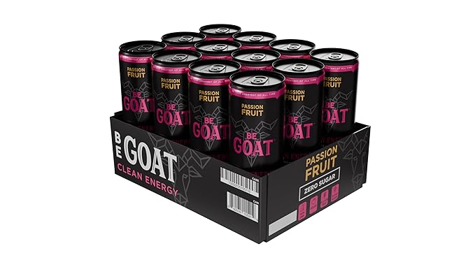 BeGOAT Clean Energy | Passion Fruit Zero Sugar | 6 Ingredients Plant-Based Zero Sugar Non-GMO Vegan | 200mg Natural Caffeine | 12 fl oz Cans (Pack of 12)