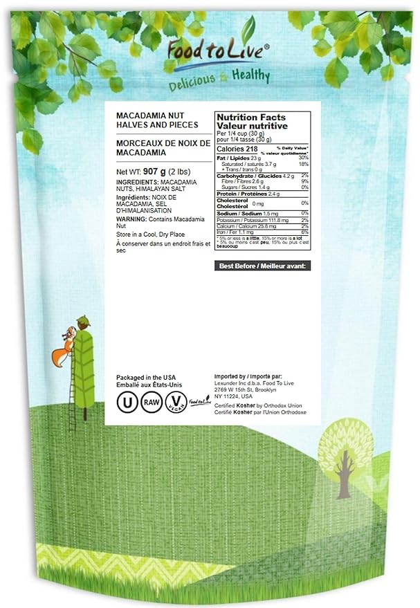 Food to Live Macadamia Nut Halves &amp Pieces 2 Pounds – Raw Shelled Unsalted Kosher Vegan Bulk. Keto Snack. Good Source of Healthy Fats. Great for Baking and as Topping for Salads Yogurt.
