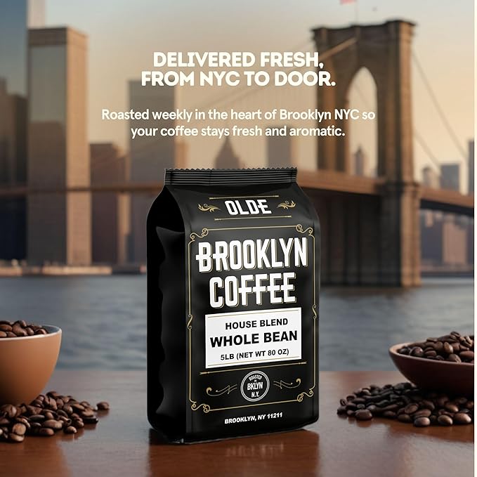 BROOKLYN COFFEE Whole Bean House Blend Medium Roast (5lb) Balanced Breakfast Classic - Fresh Bulk Coffee Beans Roasted Weekly in NYC