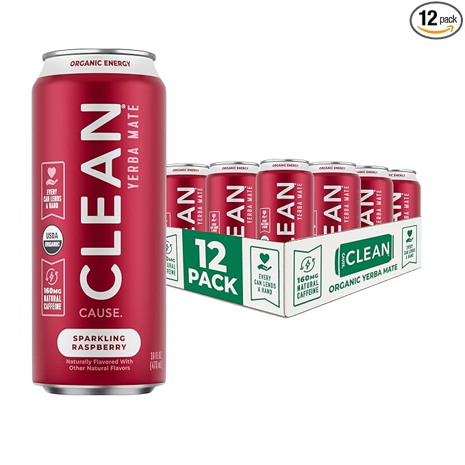 CLEAN Cause Low Calorie Raspberry Yerba Mate Tea Sparkling USDA Organic Energy Drink Alternative Low Sugar 160mg Natural Caffeine Soda Alternative Plant-Based (16oz cans 12-Pack Case)