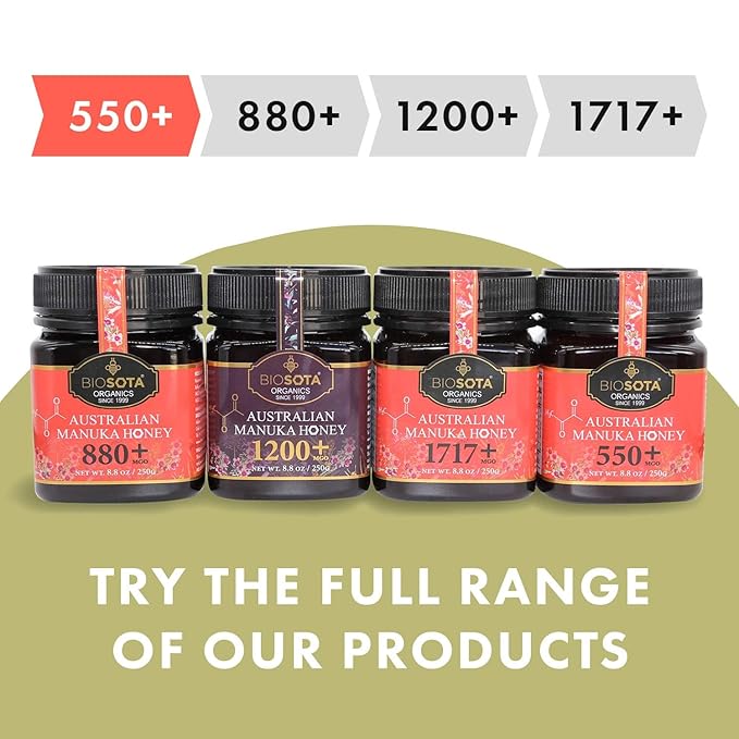 BIOSOTA Organic Manuka Honey MGO 550+ - Medical Grade Manuka Honey from Australia NPA/ULF 15+ 100% Raw Unheated Pure Honey 8.8oz (550+) (MGO 550+)