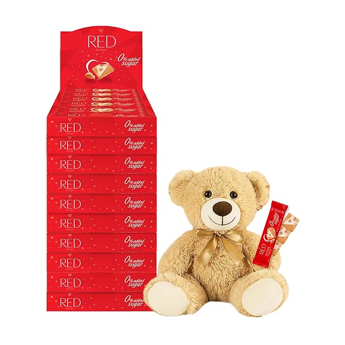 RED Delight®™ Blonde Caramelized White Chocolate 12 Count Box of Grab N Go Travel Size Bars (0.92 Ounces Each) with 14 Plush Teddy Bear (10 Boxes - Total of 120 Bars + 14 Plush Bear)