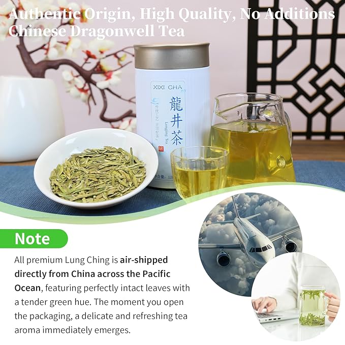 XIXICHA Longjing Green Tea Loose Leaf New Longjing Tea Dragon Well Dragonwell Tea Chinese Green Tea Lung Ching Premium Bean Aromatic All-natural and free of additives 4.23oz/120g（96 cups）龙井 绿茶 明前采摘