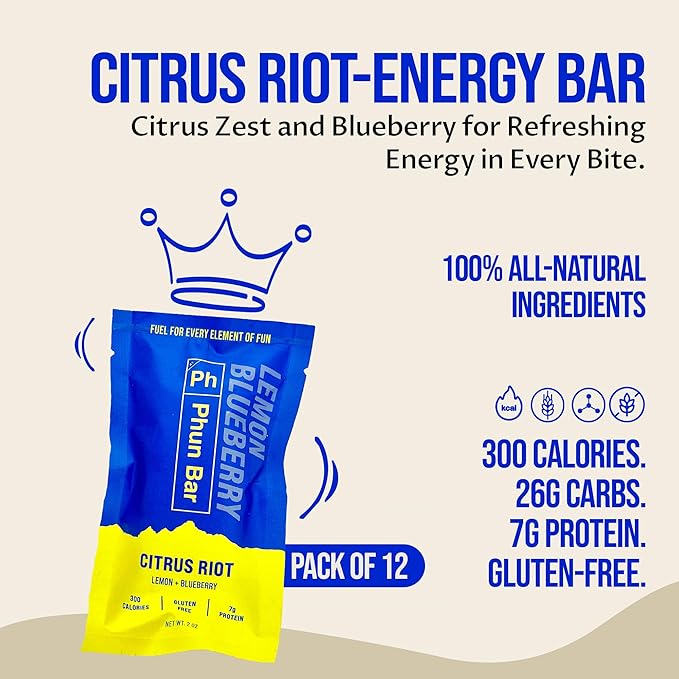 Phun Bar Citrus Riot Energy Bars (Pack of 12) | Lemon + Blueberry | 300-Calorie Gluten-Free Sports Energy Bars with Sustained Energy for Cycling Endurance Training Long Rides &amp Active Days
