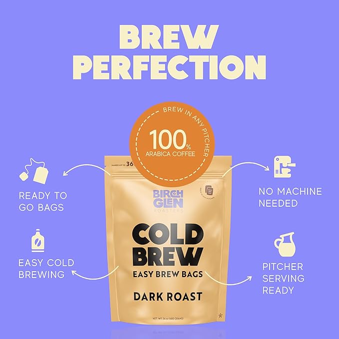Birch Glen Roasters Cold Brew Coffee Bags - 12 Pack of Coarse Ground Coffee Filter Pitcher Packs for Easy Brewing - 100% Arabica - Yields 6 Pitchers - Pecan Pie Flavor