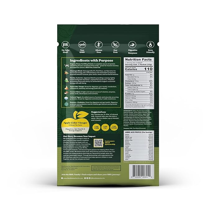 BBfL Grass-Fed Whey Protein Shake – 21g rBGH-Free Protein Matcha + Apple Cider Vinegar Prebiotics Digestive Enzymes Adaptogens for Stress &amp Mood Support – All-in-One Shake (10 Servings Matcha