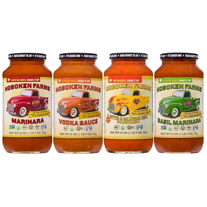 Hoboken Farms Sauce-Um Sampler – No Sugar Added Low Sodium Non-GMO Preservative-Free Low Carb Keto and Seed Oil Free - Better For You Pasta Sauce! (25 Fl Oz Pack of 4)