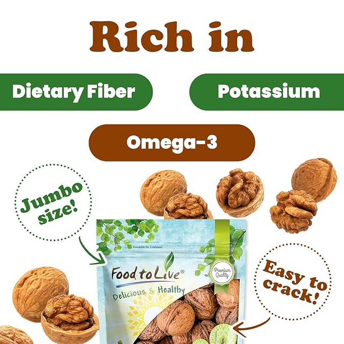 Food to Live Jumbo Walnuts in Shell 4 Pounds — California Chandler Variety. Rich in Omega-3s and Antioxidants. Keto-Friendly Fresh Raw Kosher