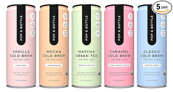 Pop &amp Bottle Oat Milk Lattes - Maca Antioxidants Ashwagandha MCT Oil Collagen Mushrooms Organic Dairy &amp Gluten Free Great as Iced Coffee Lightly Sweetened with Dates - 8 Fl Oz (5 Pac