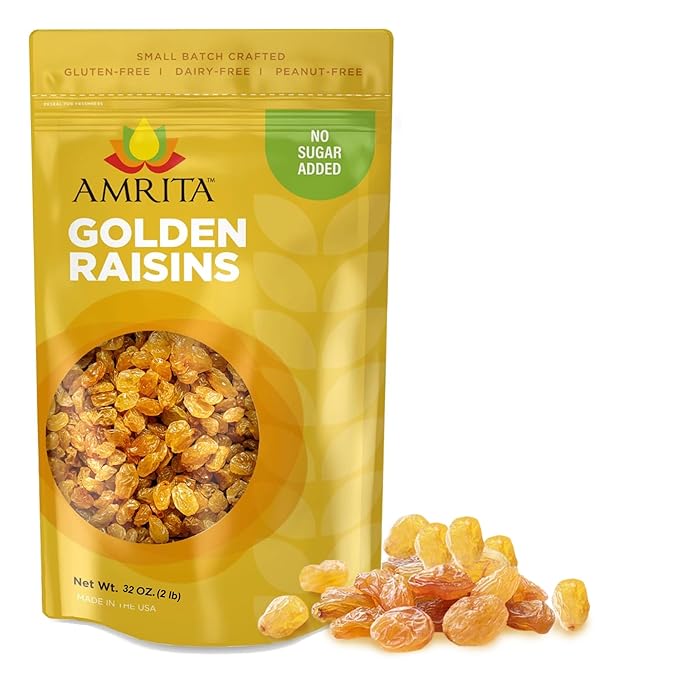 Amrita Golden Raisins 2 lb | No Added Sugar Naturally Sweet Gluten Free Dried Sultanas Kishmish | Packed Fresh in Resealable Bags | Yellow and White Raisins Vegan Snacks Healthy Snacks