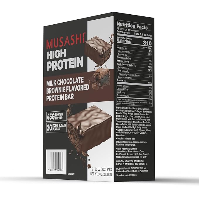 MUSASHI High Protein Bar 45g Protein 2g Total Sugars Milk Chocolate Brownie Post Workout and Protein Snack On The Go 12 Pack of 3.2oz (90g) Bars