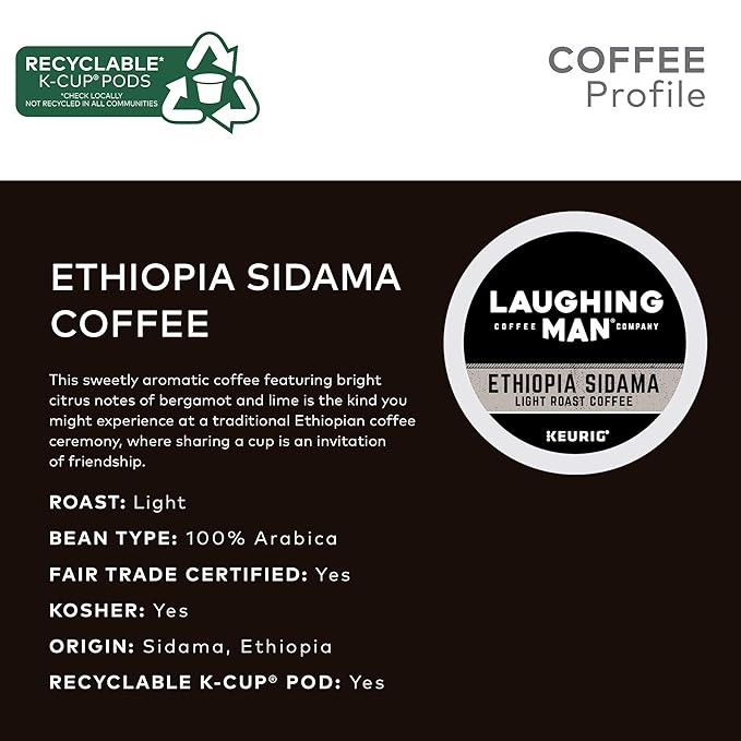 Laughing Man Ethiopia Sidama Keurig Single-Serve K Cup Pods Fair Trade Light Roast Coffee 88Count Ethiopia Sidama 22 Count (Pack of 4)