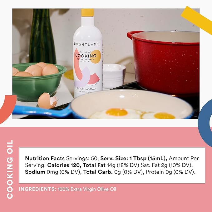 Brightland Everyday High-Heat Cooking Oil Roasting Grilling &amp Baking - 100% Extra Virgin Olive Oil with Squeeze Bottle - High Polyphenol - Sourced from California Family Farms - 750ml