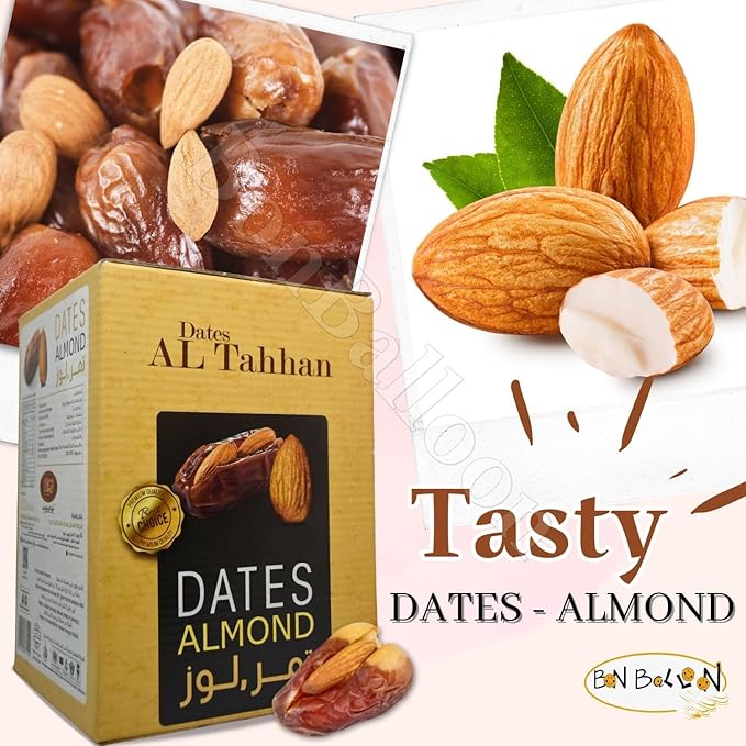 Al Tahhan Dates With Almond Stuffed Premium Semi Dry Without Seed Delicious Sweet Finest Natural Tamr Food Fresh Egypt Ramadan No Gmo Kosher Halal (1 Pack = 60 Pcs - Net W : 21.17 oz) تمرمحشو لوز