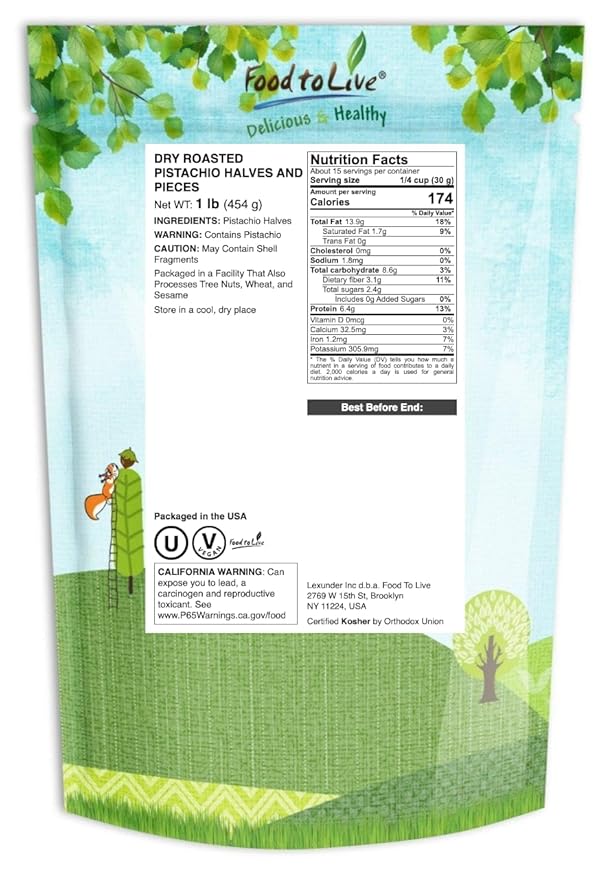 Food to Live - Dry Roasted Pistachio Halves and Pieces 1 Pound - No Shell Keto and Paleo Friendly Snack Great for Salads Cooking Baking