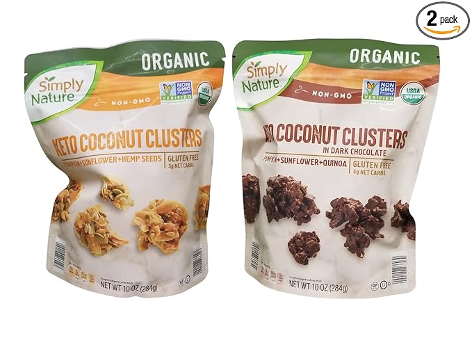 Simply Nature Keto Coconut Clusters Original and in Dark Chocolate