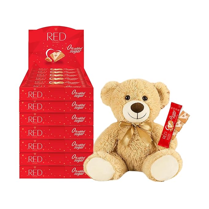 RED Delight®™ Blonde Caramelized White Chocolate 12 Count Box of Grab N Go Travel Size Bars (0.92 Ounces Each) with 14 Plush Teddy Bear (7 Boxes - Total of 84 Bars + 14 Plush Teddy Bear)