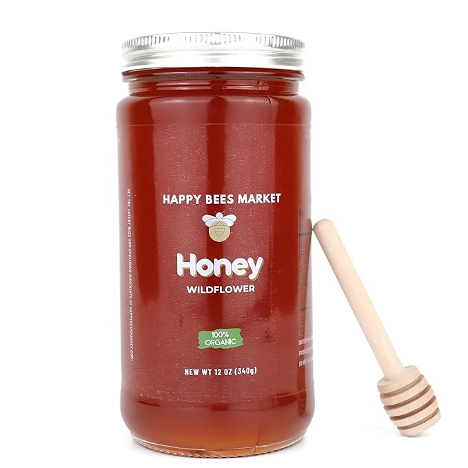 Happy Bees Market Organic Wildflower Honey – Pure Raw and Unfiltered | 100% Organic Arizona Wildflower Honey 12 oz