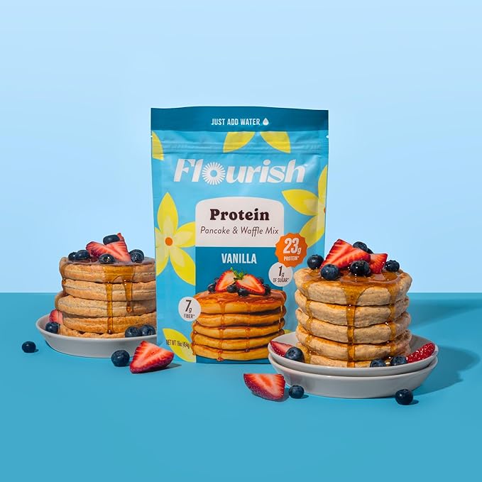 Flourish Protein Pancake &amp Waffle Mix with Whey Protein &amp Flax Seed No Added Sugar High in Protein &amp Fiber - Just Add Water - Vanilla Flavour 430g (3 Pack) - Made in Canada