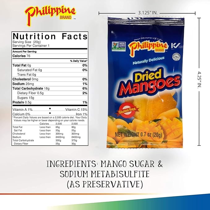 Philippine Brand Dried Mangoes Fruit Snacks- All Naturally Gluten Free Vegan Hand-Selected Delicious Fresh Mangos from Philippines Grab and Go Perfect for Office &amp School Food (.7oz (48 pack))