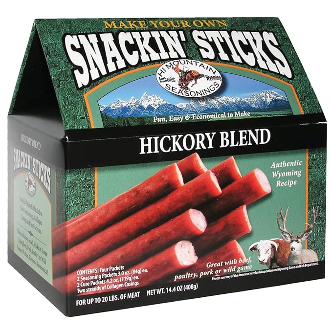 Hi Mountain Seasonings ǀ Snack Stick Seasoning Kit ǀ HICKORY BLEND ǀ Includes Seasoning Cure Casings &amp Directions ǀ Seasons up to 20 lbs of Meat ǀ Beef Pork Venison Deer &amp Wild Game