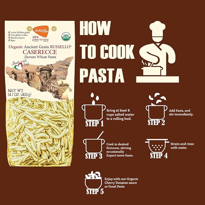 6 PACKS ORGANIC ITALIAN SEMI WHOLE DURUM WHEAT CASERECCE PASTA – Sicilian Ancient Grain Russello Vegan Pasta Crafted in Italy. LOW-GLUTEN INDEX. Has 6X More Fiber and Protein than Popular Grains