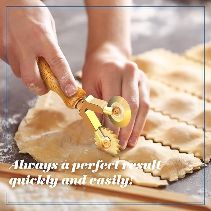 La Gondola Homemade Pasta Cutter - Double Wheel (Festooned &amp Smooth) | Pasta Making Tool for Home and Business | Brass &amp Natural Wood | Easy to Use Pasta Cutting Tool | Ravioli Cutter Made in