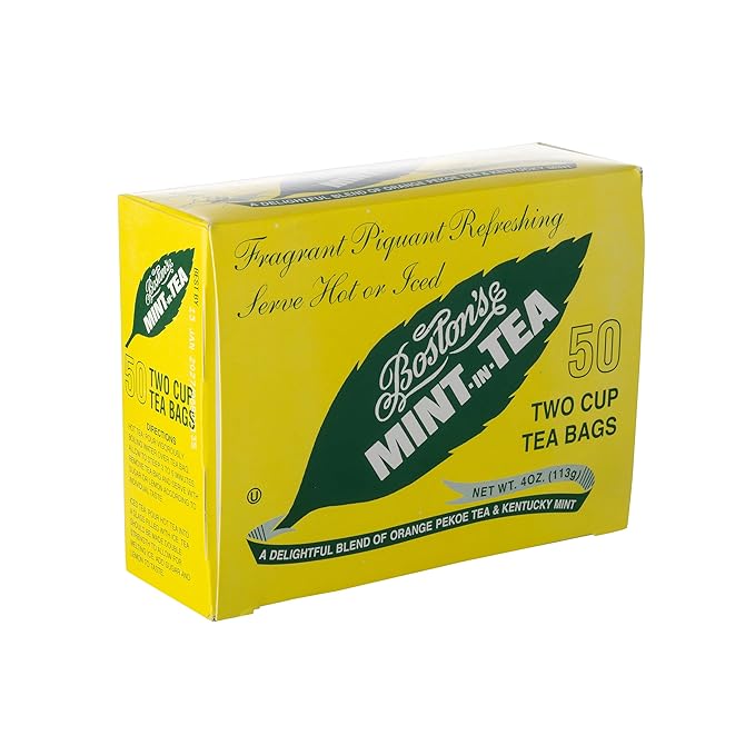 Boston's Mint-in-Tea 50 Two Cup Tea Bags (Pack of 4 Boxes) Individually Wrapped Tea Bags of a Blend of Orange Pekoe Tea and Kentucky Spearmint Delicious Hot or Iced Sweetened or Unsweetened