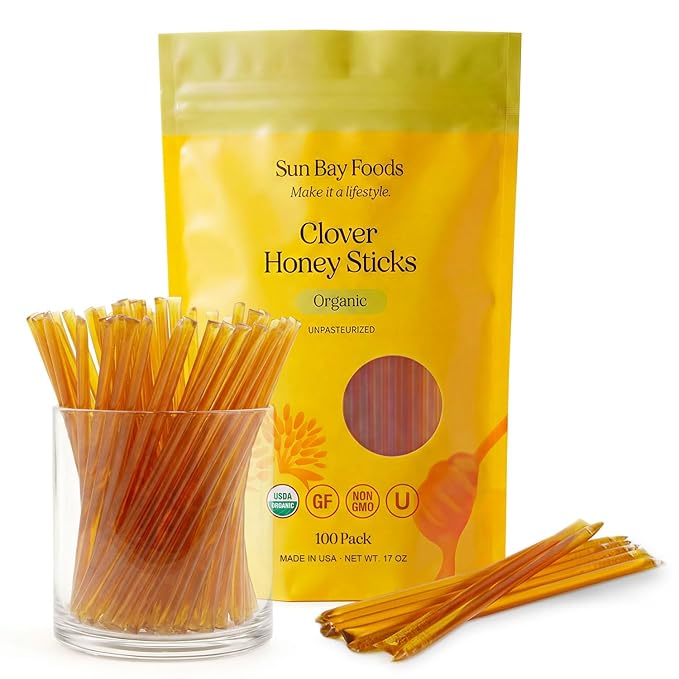 Sunbay Foods Honey Sticks Organic Clover Raw Honey Straws 100% Pure Natural Sweetener for Tea Coffee Snacks and On-the-Go Energy Non-GMO Daily Wellness Support-Made in the USA (100 Count))