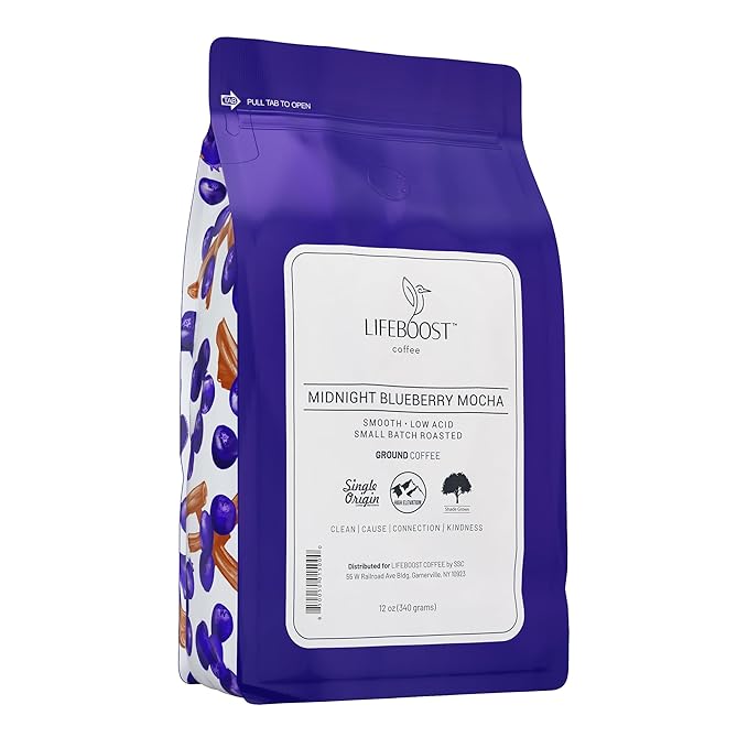 Lifeboost Midnight Blueberry Mocha Ground Coffee - Low Acid Single Origin Coffee - Non-GMO Wild Blueberry Coffee Grounds Third Party Tested For Mycotoxins &amp Pesticides - 12 Ounces