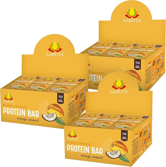 Amrita Nut Free Mango Coconut Vegan Protein Bars (12 Count PK of 3) | 11g Plant-Based Protein Bar | Peanut Free Gluten Free and Dairy Free | Low Sugar High Fiber Healthy School-Safe Snacks