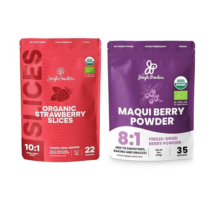 Jungle Powders Freeze Dried Strawberries Organic USDA Certified Strawberry Slices 3.2 Ounce Bag + Maqui Berry Powder Organic 5 Ounce Bag