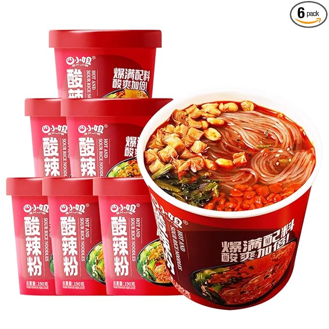 Hot and Sour Noodle Soup Mix Cups Instant Ramen Noodle Cup Pot Glass Noodles Vermicelli Noodles Noodle Soup Spicy Szechuan Flavor 6 Pack/7oz