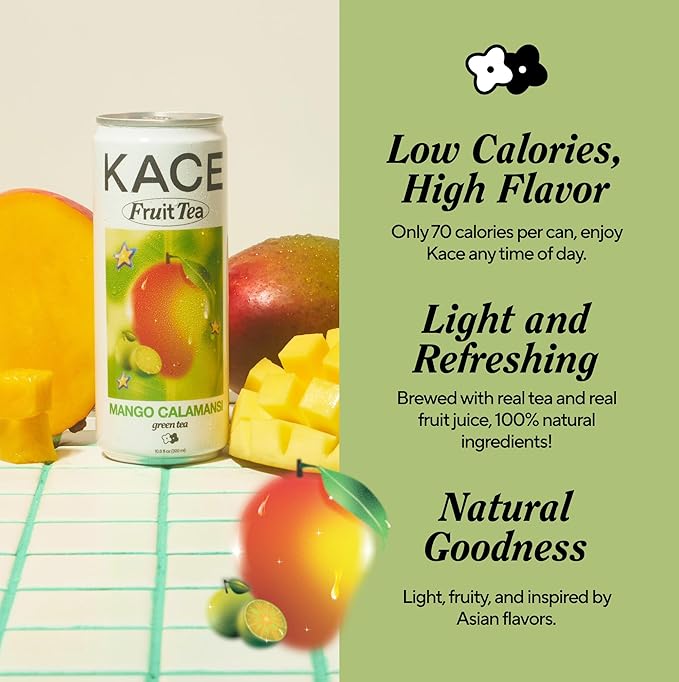 KACE Tea Mango Calamansi Green Iced Tea 10.8 Fl Oz (Pack of 12) - All-Natural Green Tea with Mango Brewed in Taiwan 65mg Caffeine 320ml Can