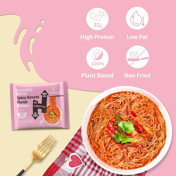 Hethstia Chicken Konjac Pho &amp Spicy Kimchi High Protein Ramen Cup – Vegan Shirataki Soup + 32g Plant Protein – 6 Chicken Pho Cups + 6 Kimchi Ramen Cups