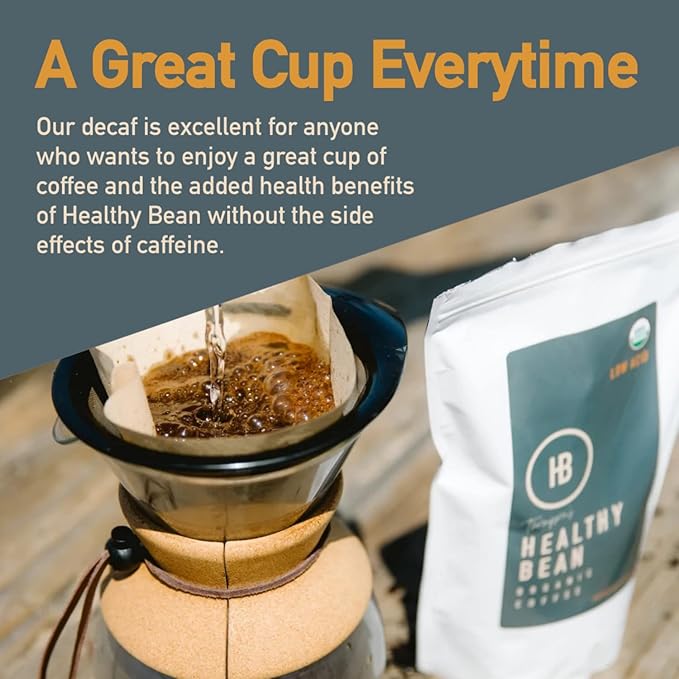 Healthy Bean Decaf Organic Ground Coffee - Low Acid Coffee Grounds for Sensitive Stomach - Medium Roast Blend USDA Organic High Antioxidants Smooth and Rich Flavor Low Acid Decaf 11oz