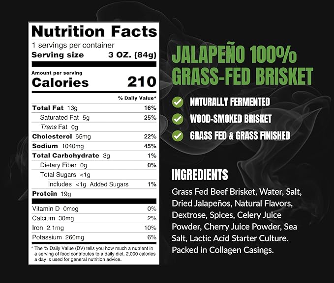Primal Eats Jalapeno 100% Grass Fed Beef Brisket Meat Sticks 3oz 10-Pack - 19g Lean Meat Protein Keto Paleo Carnivore Gluten Free Zero Sugar Beef Jerky Snack Stick
