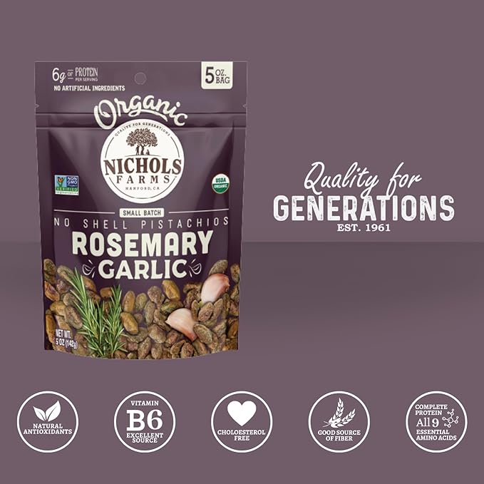 Nichols Farms Roasted with Sea Salt No Shell Pistachios Kosher USDA Certified Organic Non-GMO 6 Oz (Pack of 3)