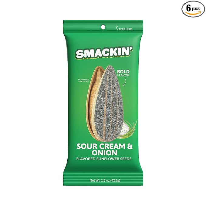 SMACKIN' Sunflower Seeds Roasted Jumbo Small-Batch American Made - Sour Cream &amp Onion 1.5oz bags (6 Pack)