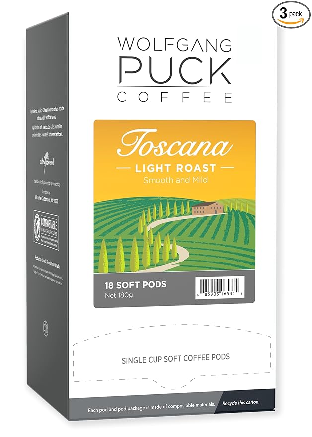 Wolfgang Puck Coffee Toscana 9.5 Gram soft Pods 18 Count (Pack of 3)