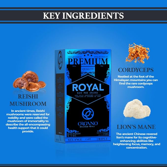 3 Boxes ORGANO Royal Black Medium Dark Roast Instant coffee. Infused with Triple Mushroom Blend Ganoderma Cordyceps and Lion's Mane. Aromatic and flavorful Ground Coffee Beans (75 Sachets)