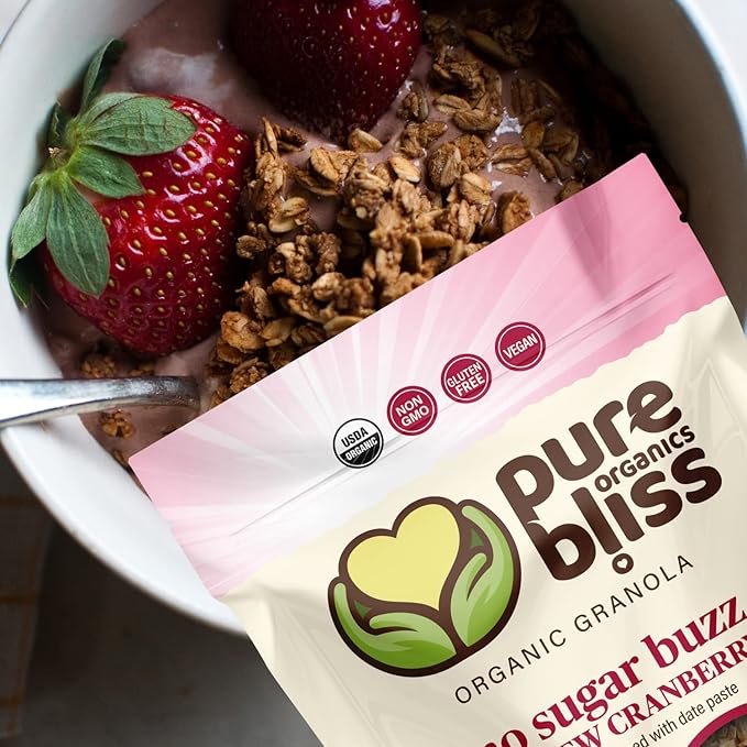 Pure Bliss Organics NO SUGAR BUZZ CASHEW CRANBERRY GRANOLA Certified Organic and Gluten Free Vegan Non GMO Low Glycemic Low Sugar Alternative Date Sweetened only Small Batch Artisan Granola Cer