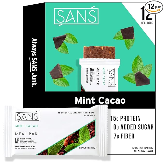 SANS Meal Replacement Protein Bar Gluten Free Healthy High Protein Snacks High Fiber No Sugar Added Dairy Free Soy Free Mint Cacao 12 Bars