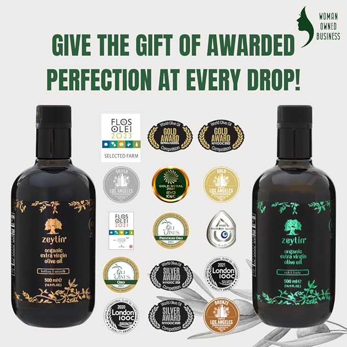 Zeytin Olive Oils Extra Virgin - Early Harvest Bottled in May 2024 - Awarded Brand - Custom Premium Gift Box - Cold Pressed Olive Oil for Cooking Soup &amp More - Perfect Vegan &amp Keto (2 x 16.9