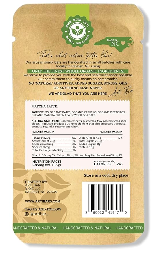 Arti Bar – Matcha Latte | Whole Food Energy Bar | Vegan Gluten-Free No Added Sugar Clean Ingredients | Plant-Based Healthy Snack