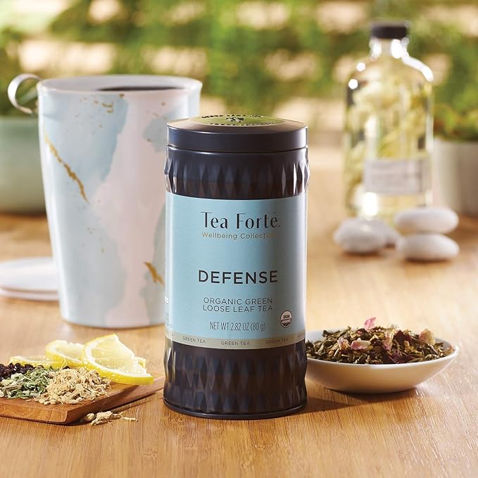 Tea Forte Defense Premium Loose Leaf Caffeinated Green Tea Blend Canister Makes 35-50 Cups